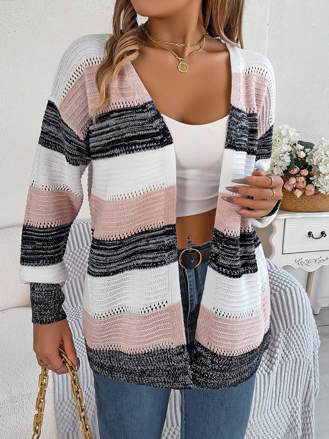 Openwork Striped Open Front Cardigan-Angel Casuals