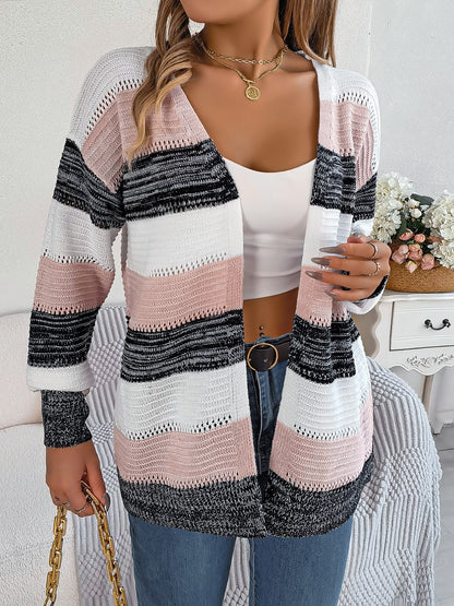 Openwork Striped Open Front Cardigan-Angel Casuals