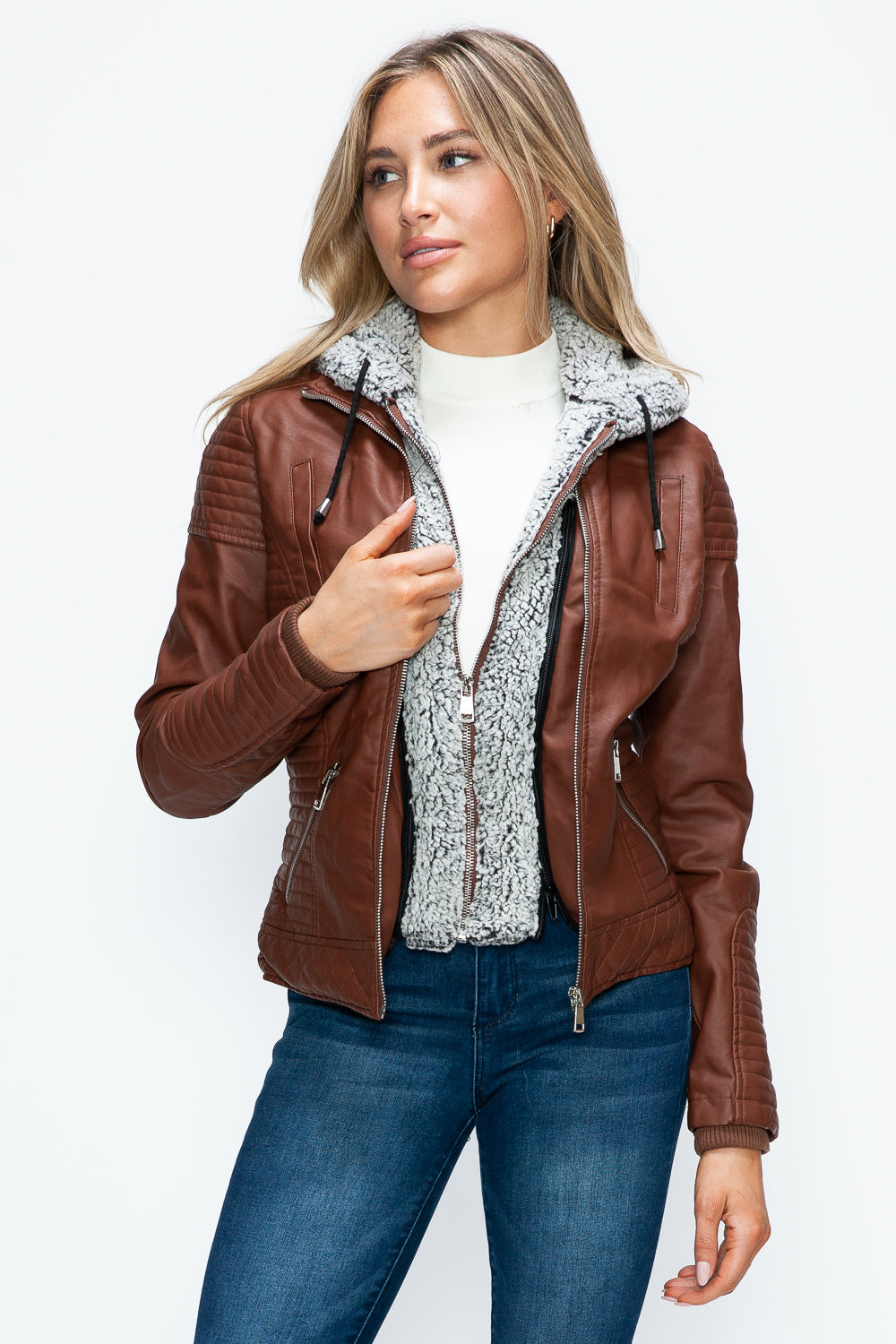 YMI Faux Layered Double-Zipper Jacket with Fuzzy Hood-Angel Casuals