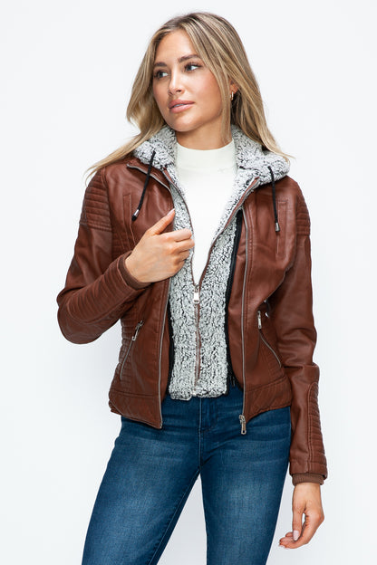 YMI Faux Layered Double-Zipper Jacket with Fuzzy Hood-Angel Casuals