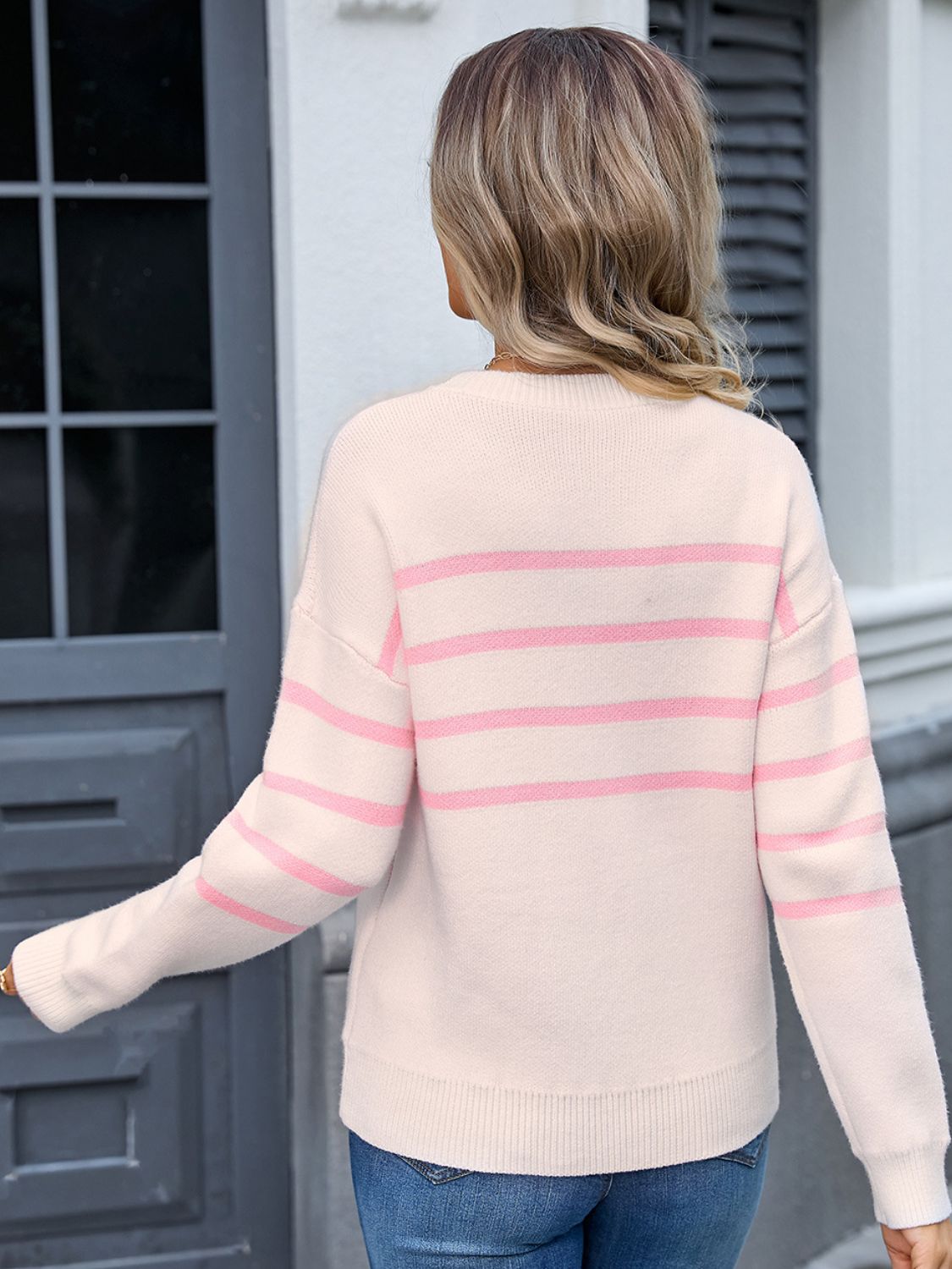 Angel Wings Striped Round Neck Long Sleeve Sweater-Angel Casuals