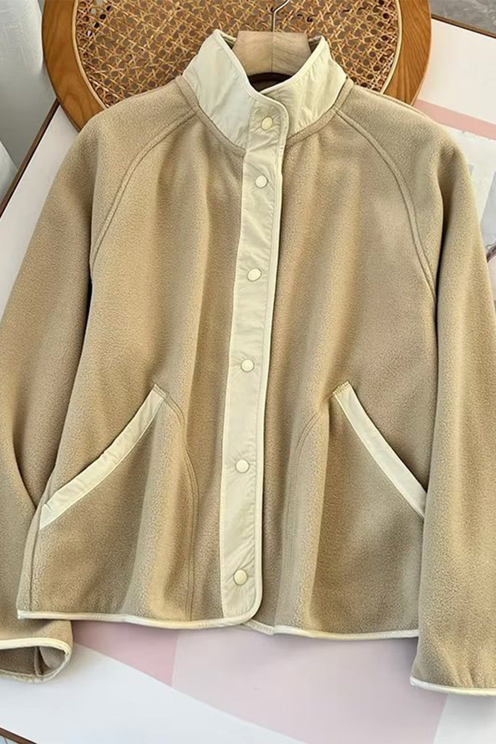 Double Take Snap Down Contrast Fleece Jacket with Pockets-Angel Casuals