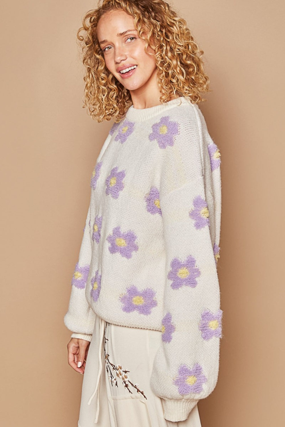 POL Daisy Pattern Drop Shoulder Sweater-Angel Casuals