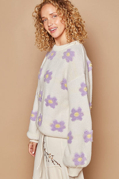 POL Daisy Pattern Drop Shoulder Sweater-Angel Casuals