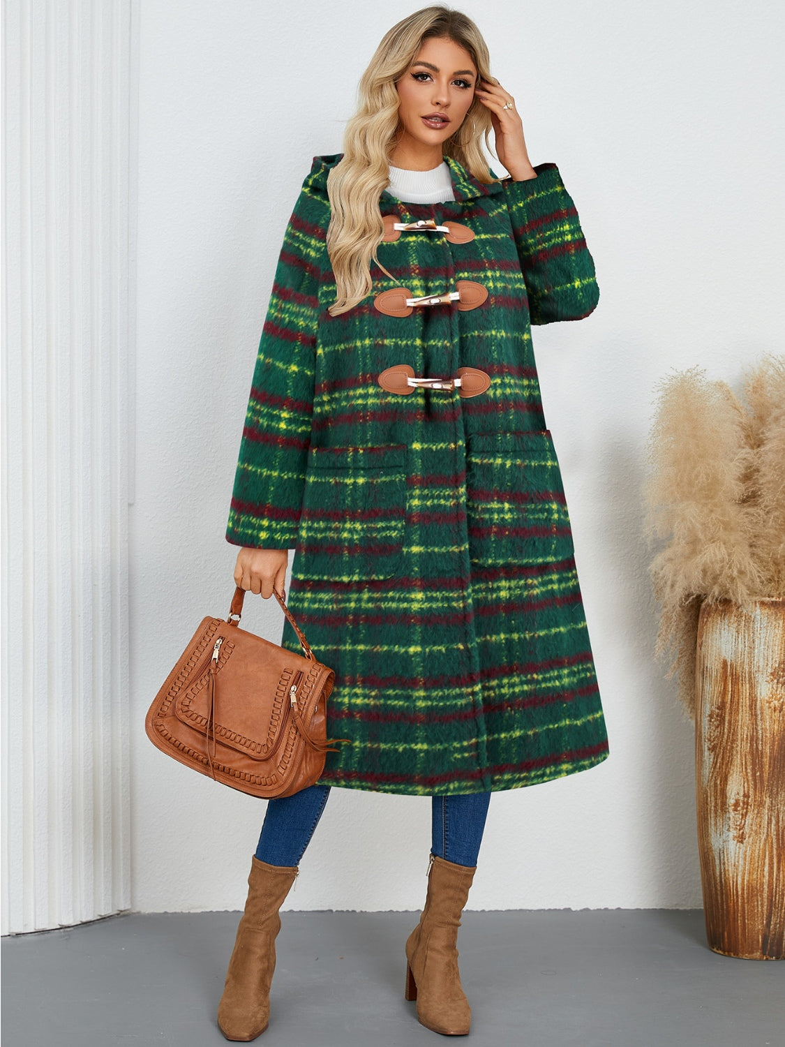 Plaid Long Sleeve Hooded Coat with Pockets-Angel Casuals