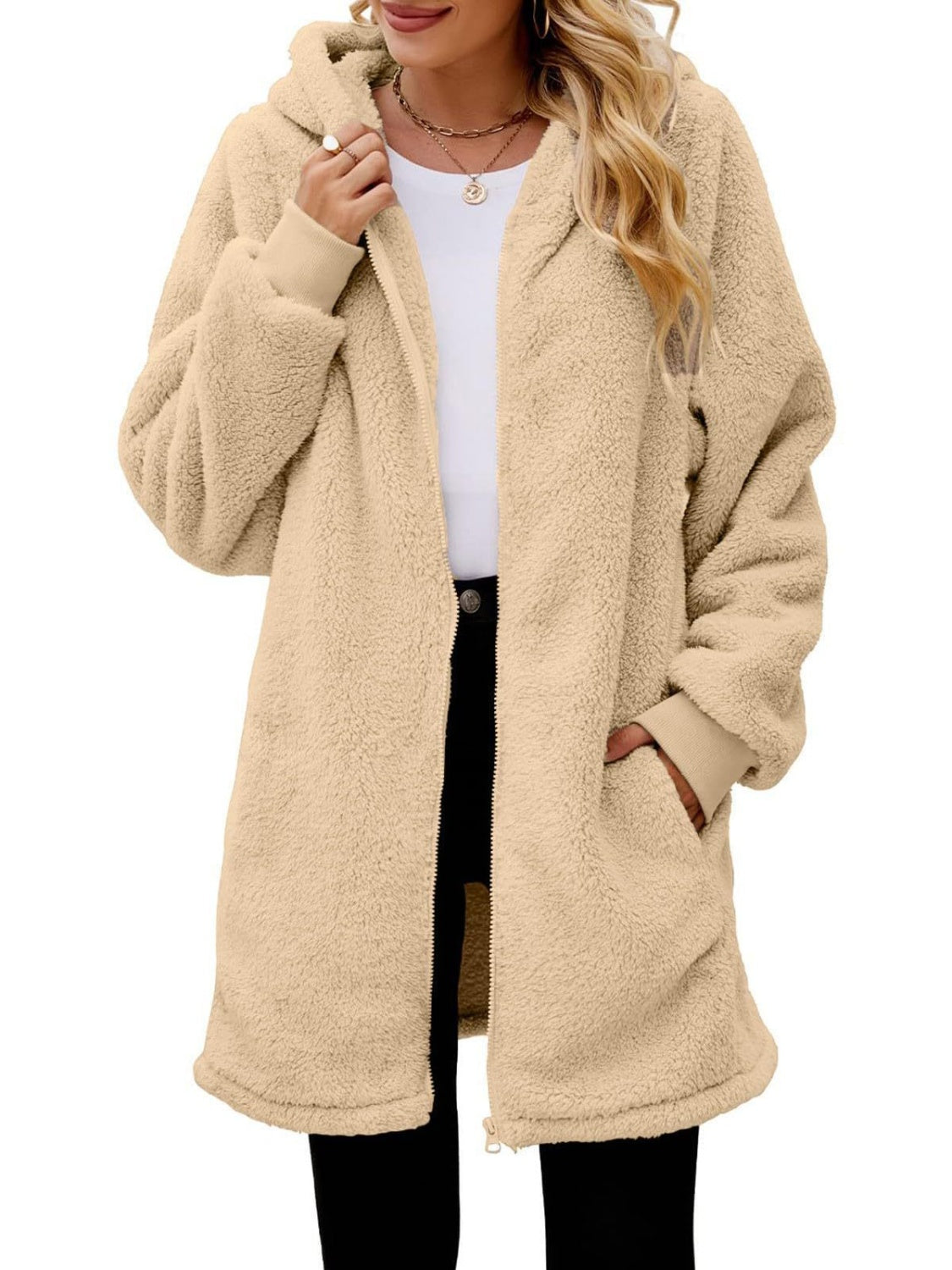 Fuzzy Pocketed Zip Up Long Sleeve Hooded Jacket-Angel Casuals