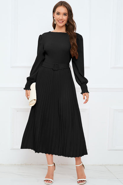 Round Neck Flounce Sleeve Pleated Dress-Angel Casuals