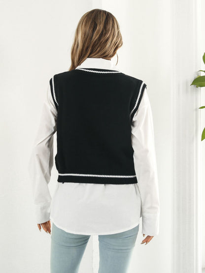 Skull Contrast V-Neck Sweater Vest-Angel Casuals