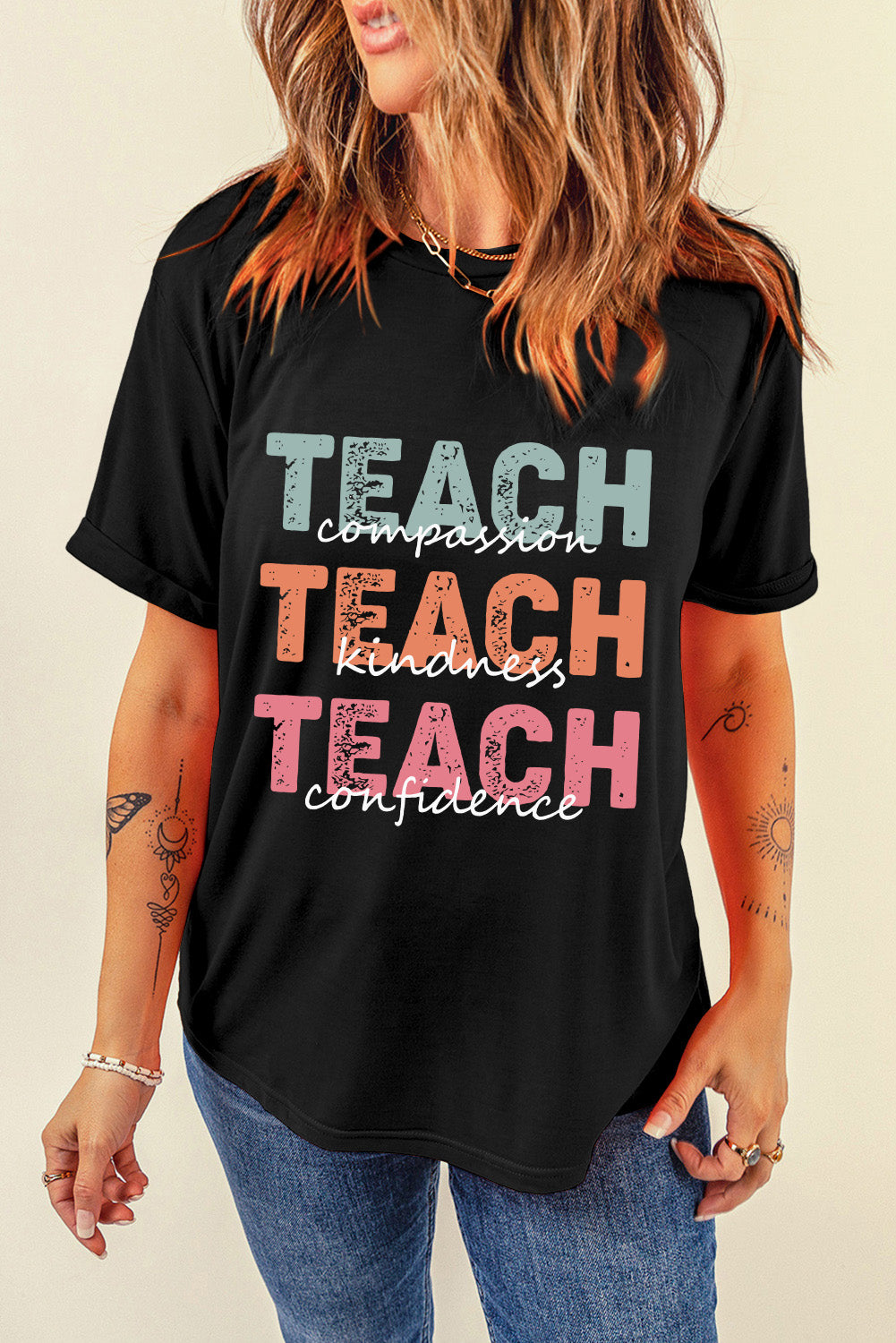 Letter Graphic Round Neck Short Sleeve T-Shirt-Angel Casuals