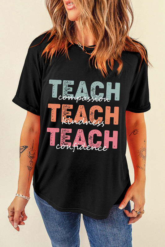 Letter Graphic Round Neck Short Sleeve T-Shirt-Angel Casuals