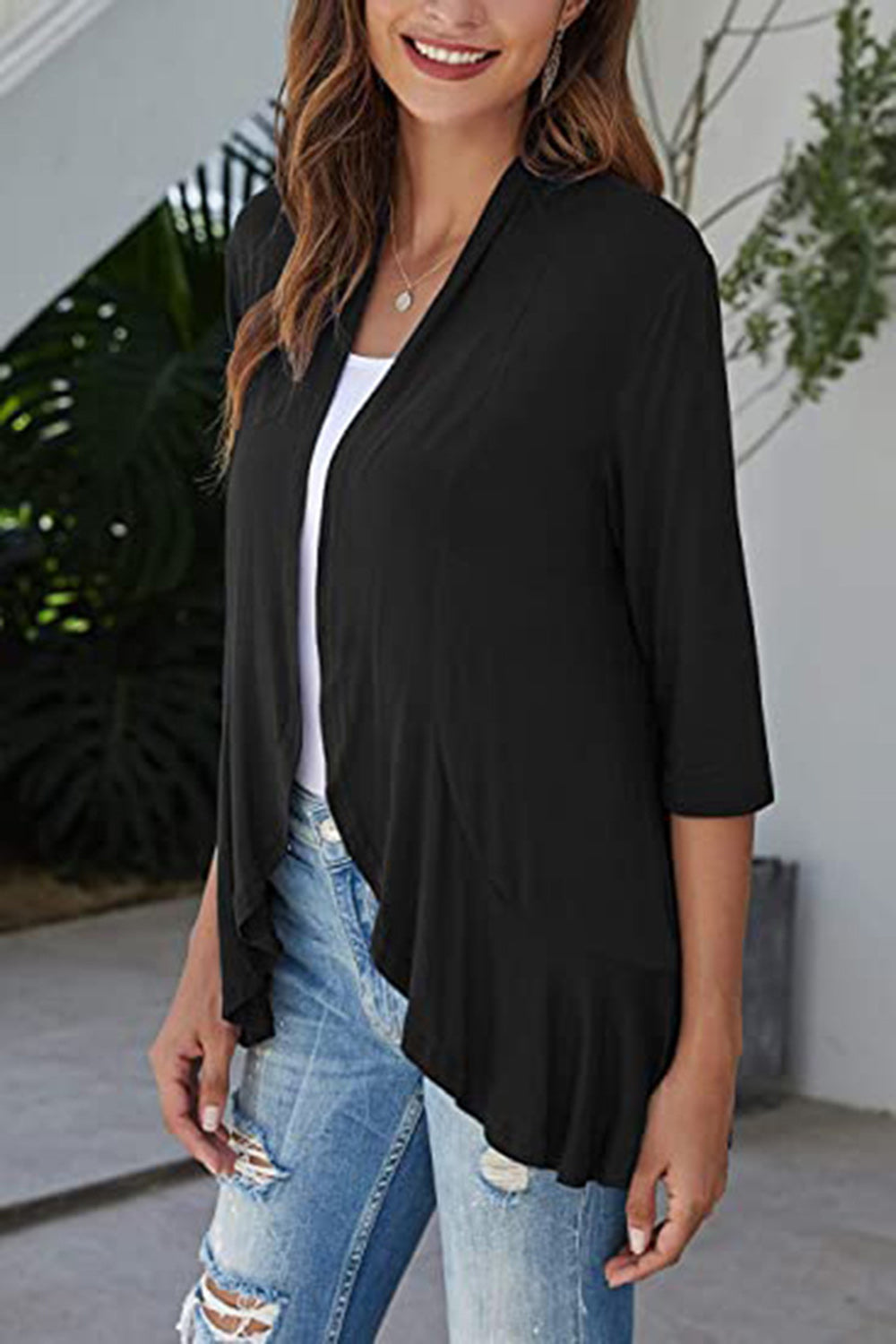 Open Front Three-Quarter Sleeve Cardigan-Angel Casuals