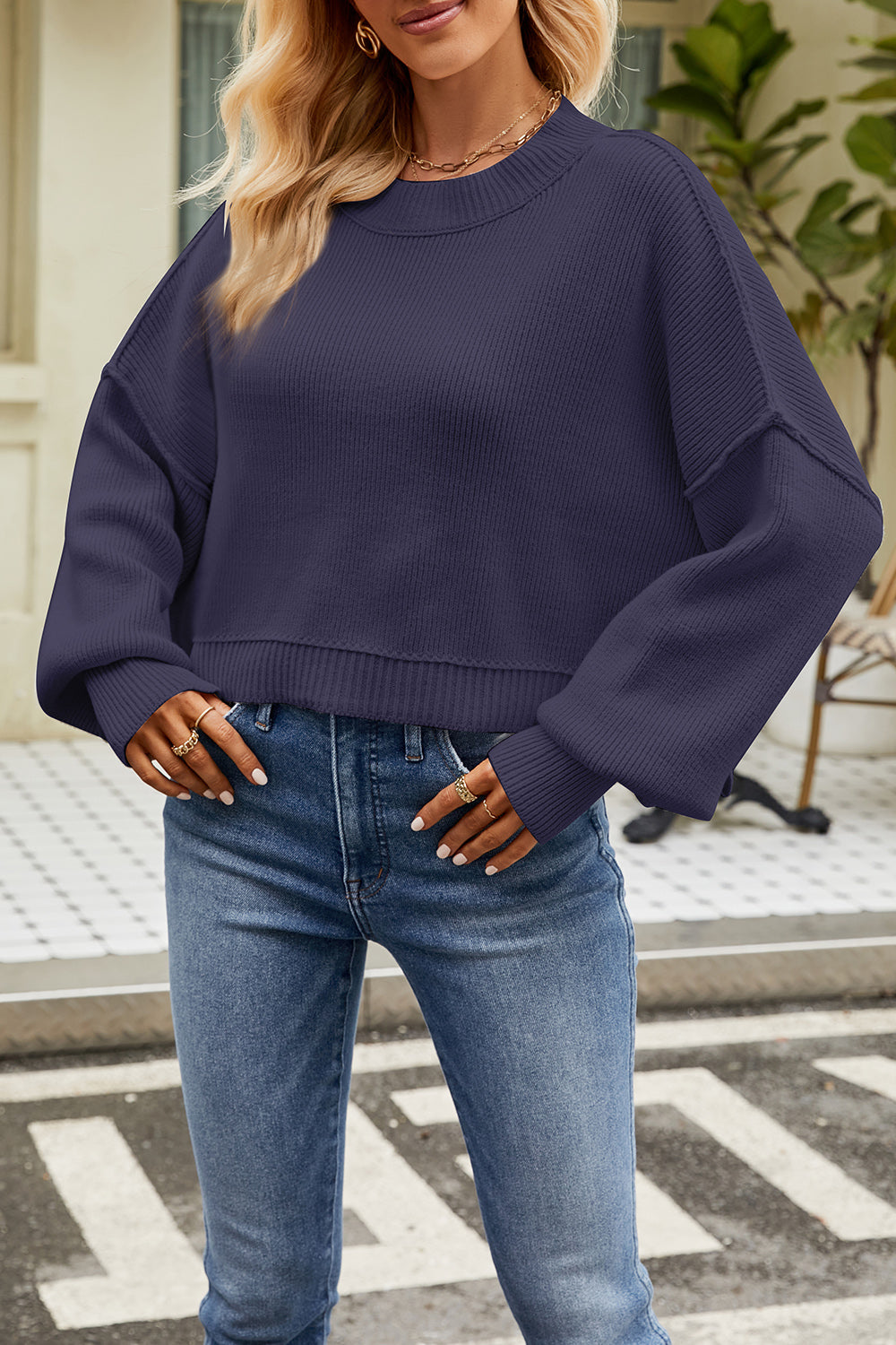 Round Neck Dropped Shoulder Sweater-Angel Casuals