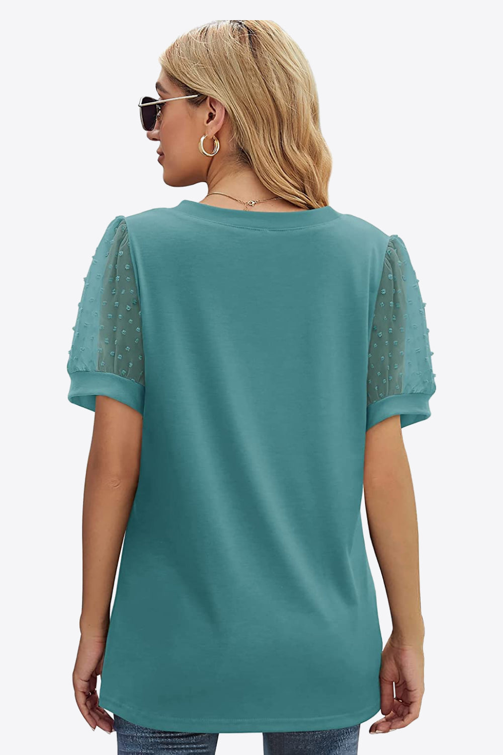 Swiss Dot Puff Sleeve V-Neck Tee-Angel Casuals