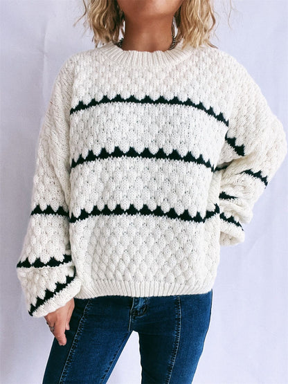 Contrast Stripes Round Neck Long Sleeve Sweater-Angel Casuals