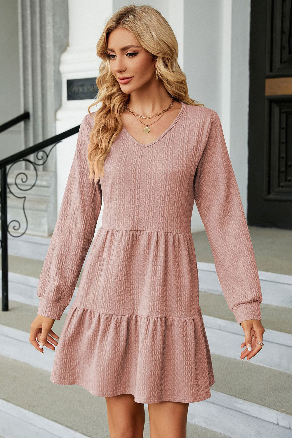 V-Neck Long Sleeve Mini Dress-Angel Casuals