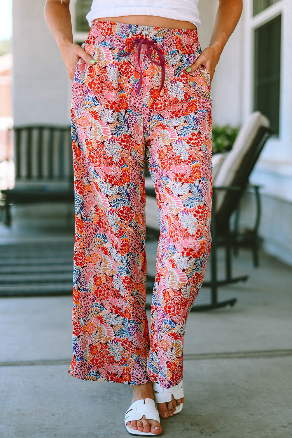 Printed Tie Waist Wide Leg Long Pants-Angel Casuals