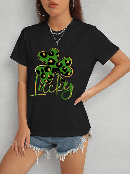 Lucky Clover Round Neck Short Sleeve T-Shirt-Angel Casuals