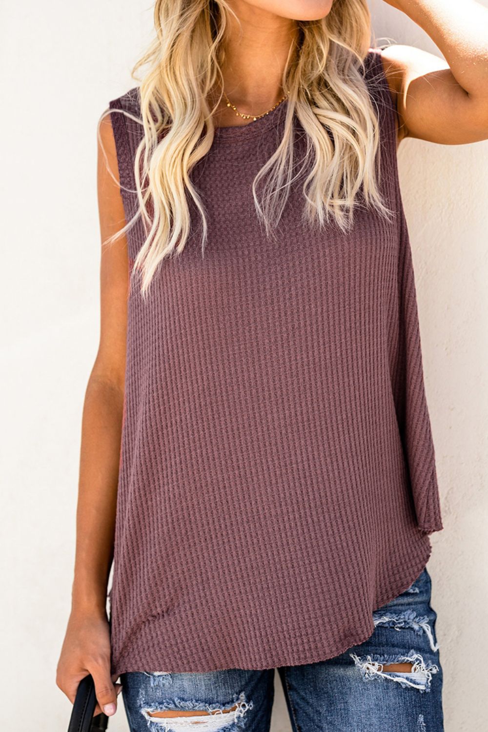 Waffle Knit Round Neck Tank-Angel Casuals