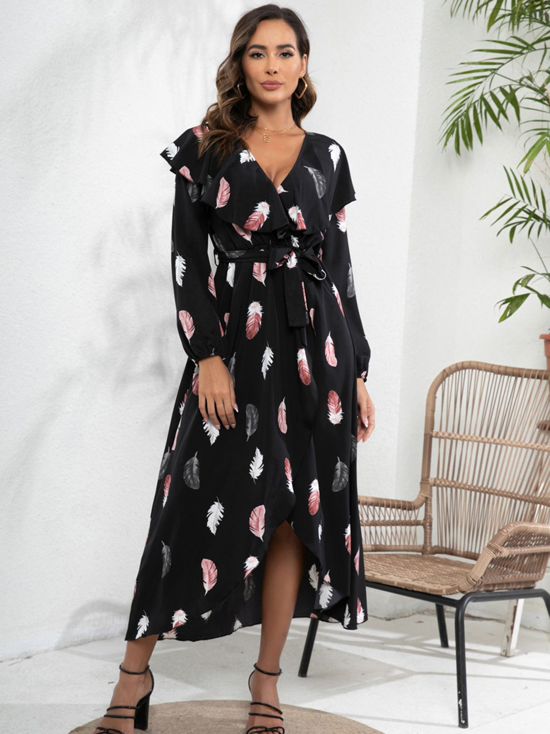 Printed Tie Front Ruffle Trim Long Sleeve Dress-Angel Casuals