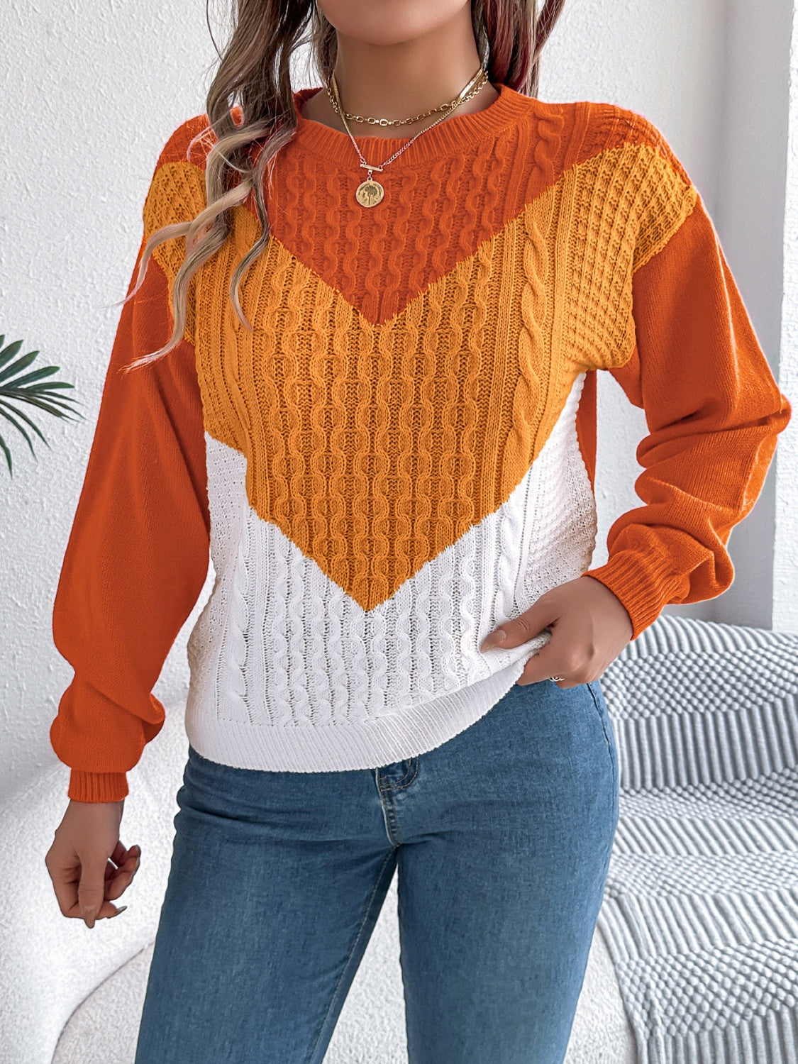 Contrast Round Neck Long Sleeve Sweater-Angel Casuals