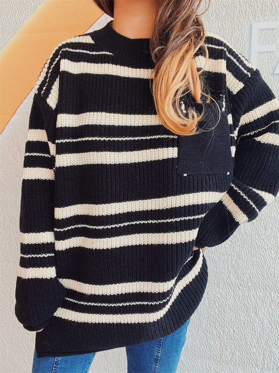 Striped Round Neck Long Sleeve Sweater-Angel Casuals