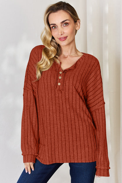 Basic Bae Full Size Ribbed Half Button Long Sleeve T-Shirt-Angel Casuals