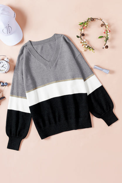 Color Block V Neck Long Sleeve Sweater-Angel Casuals