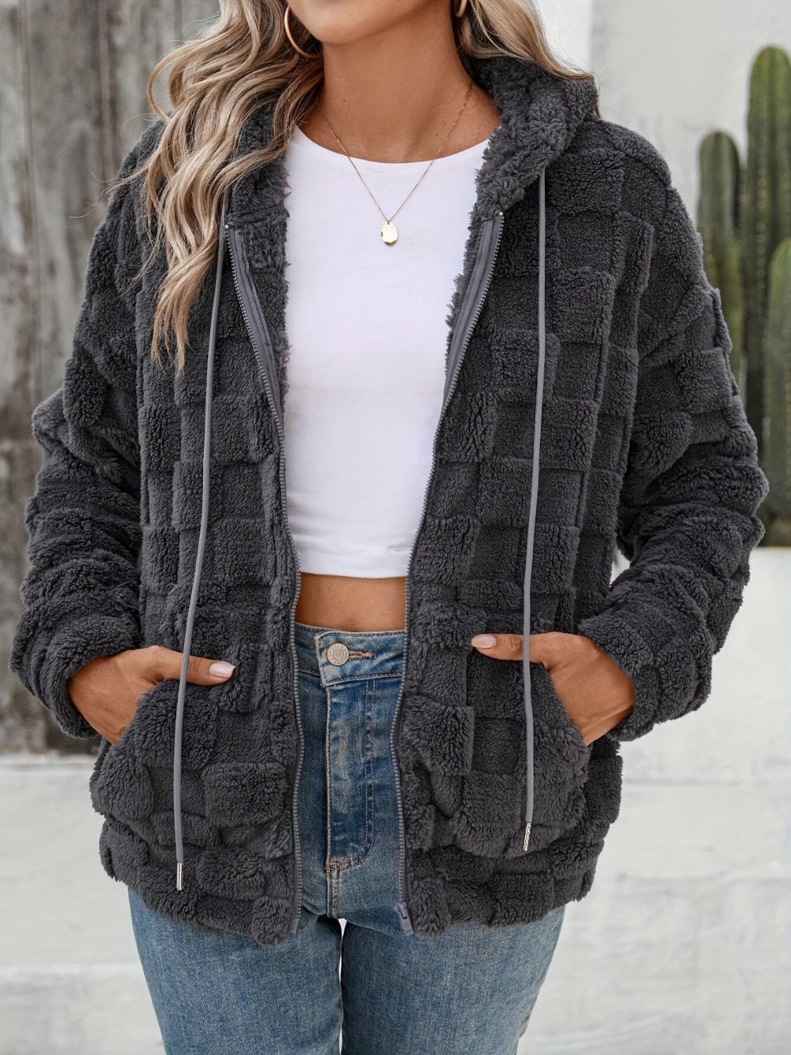 Checkered Texture Zip Up Drawstring Fuzzy Jacket-Angel Casuals