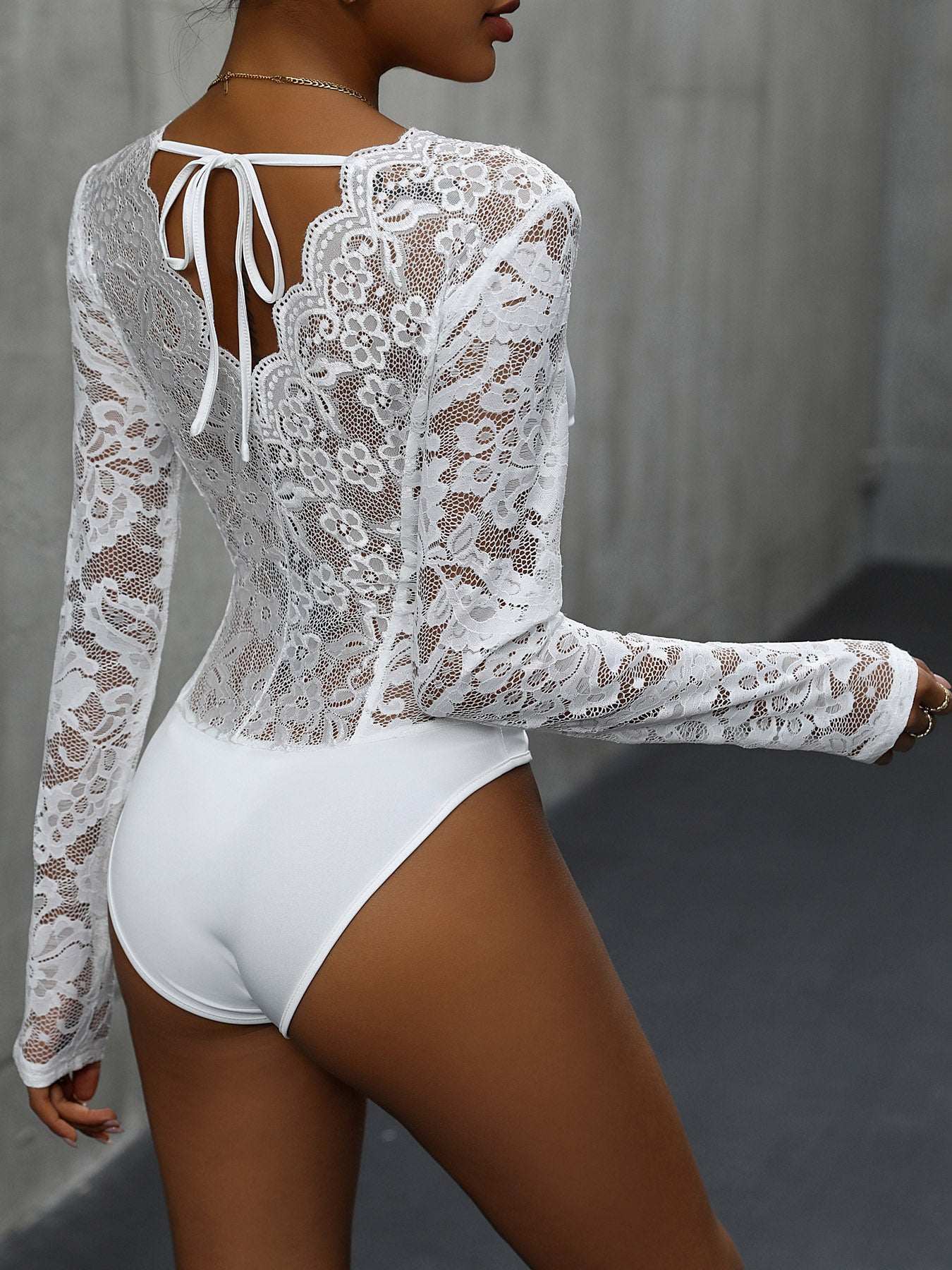 V-Neck Long Sleeve Lace Bodysuit-Angel Casuals