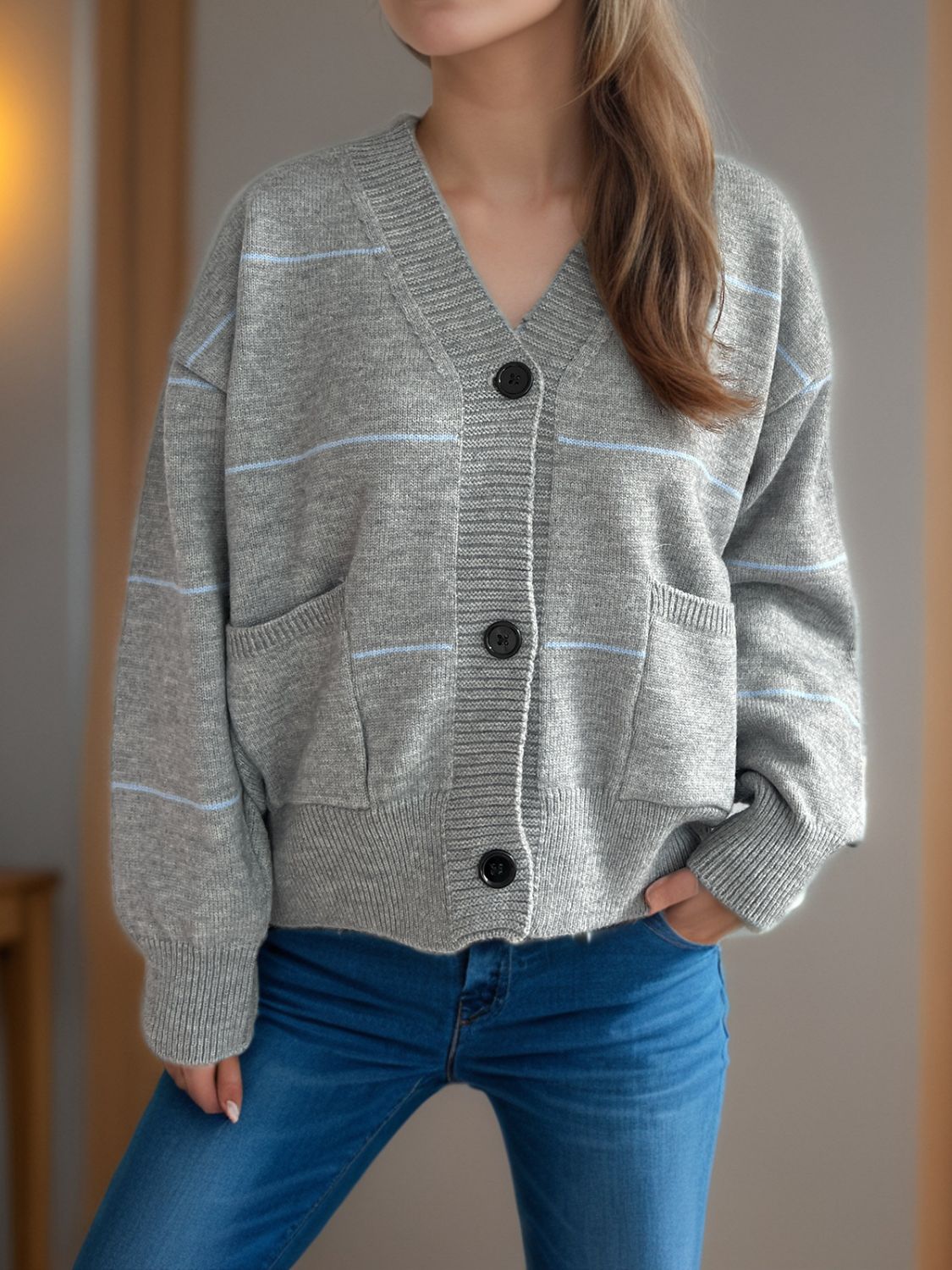 Striped Button Down V-Neck Long Sleeve Cardigan-Angel Casuals