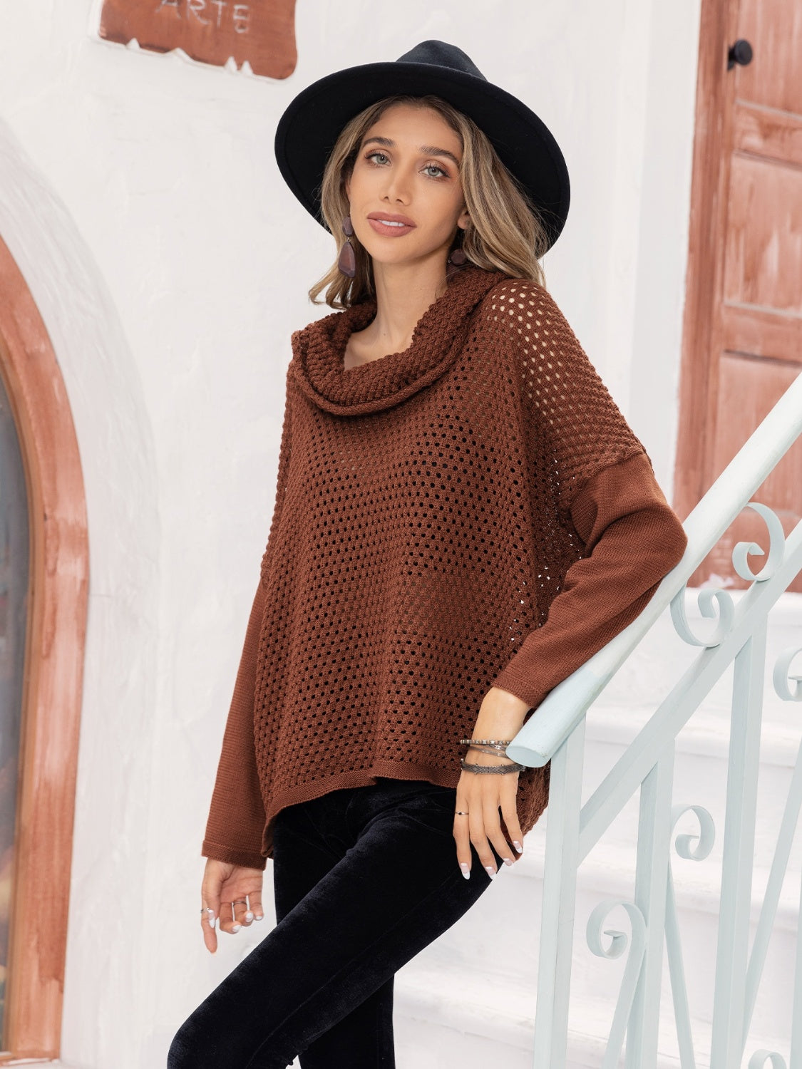 Openwork Mock Neck Dropped Shoulder Sweater-Angel Casuals