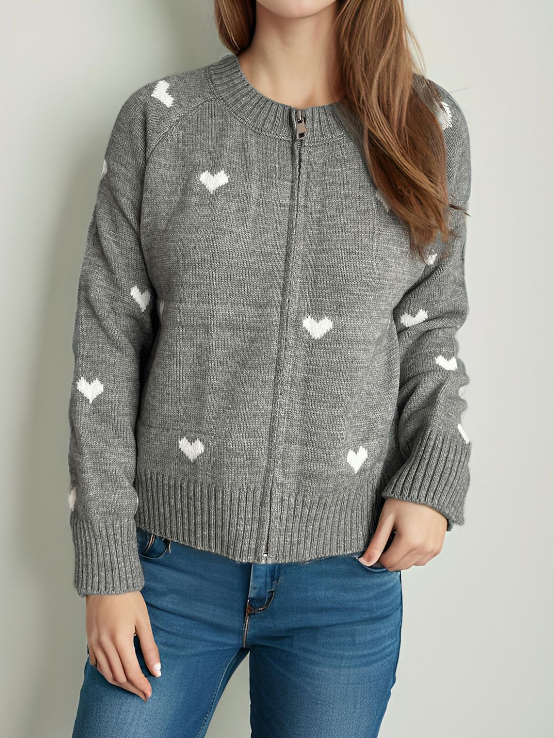 Heart Round Neck Zip Up Cardigan-Angel Casuals