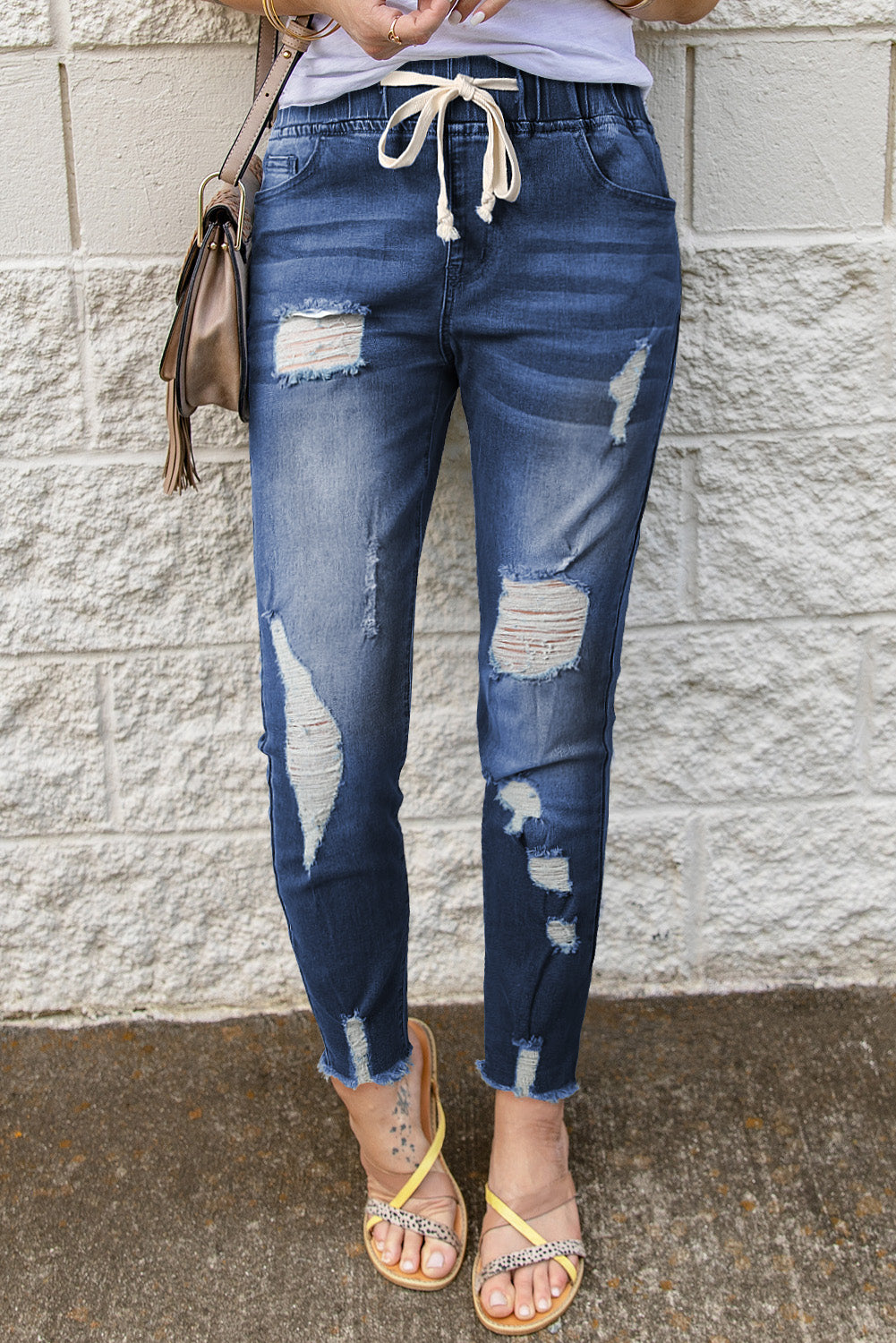 Drawstring Distressed Raw Hem Jeans with Pockets-Angel Casuals