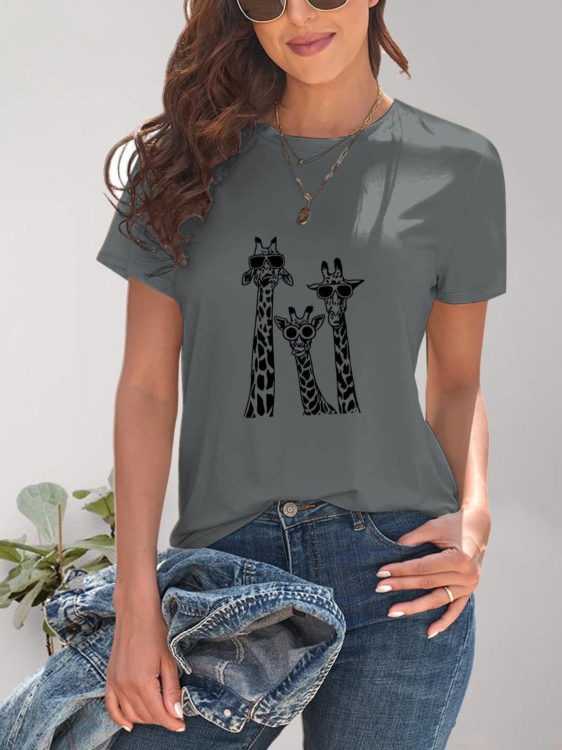 Giraffe Graphic Round Neck T-Shirt-Angel Casuals