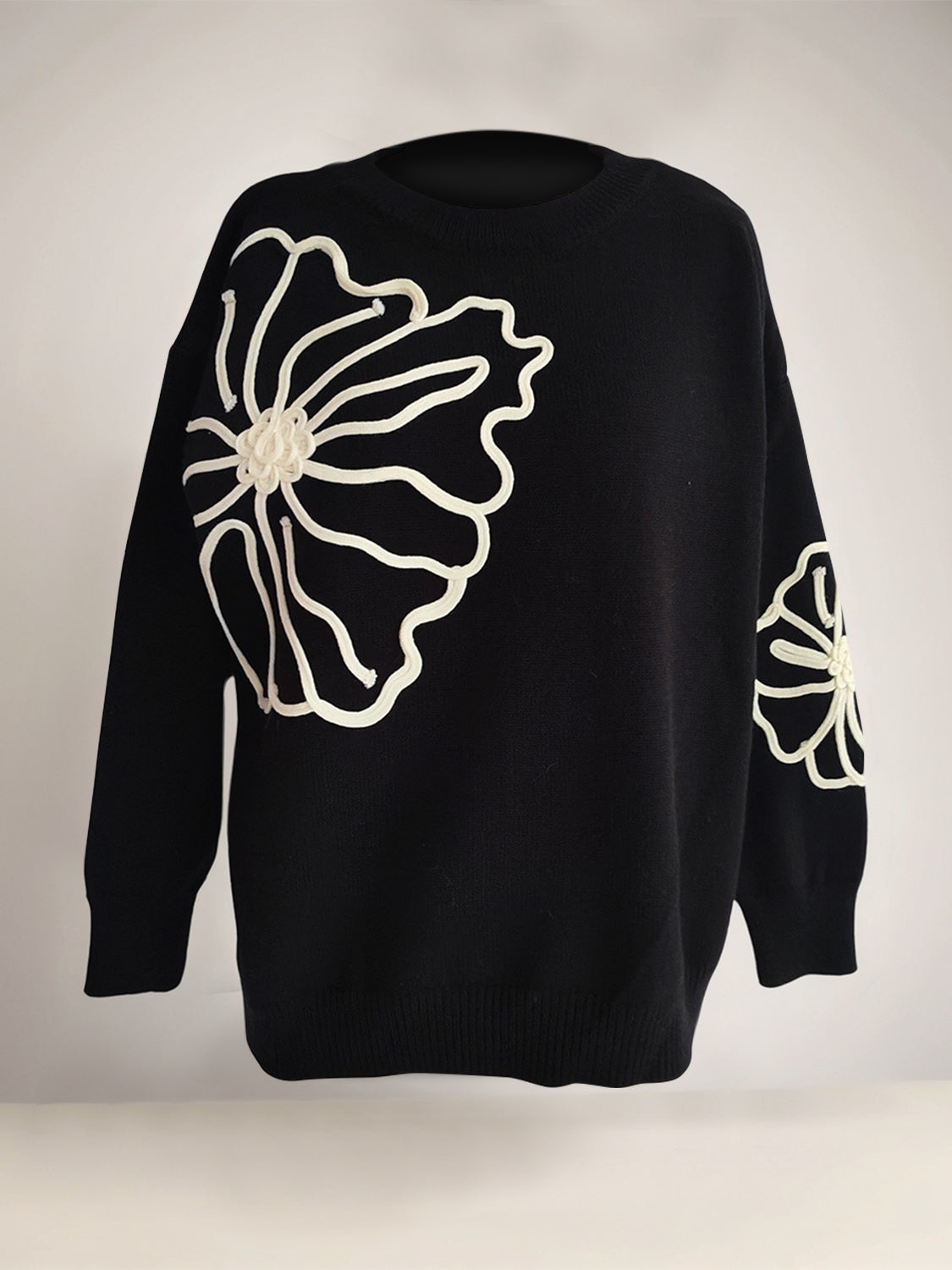 Flower Round Neck Long Sleeve Sweater-Angel Casuals