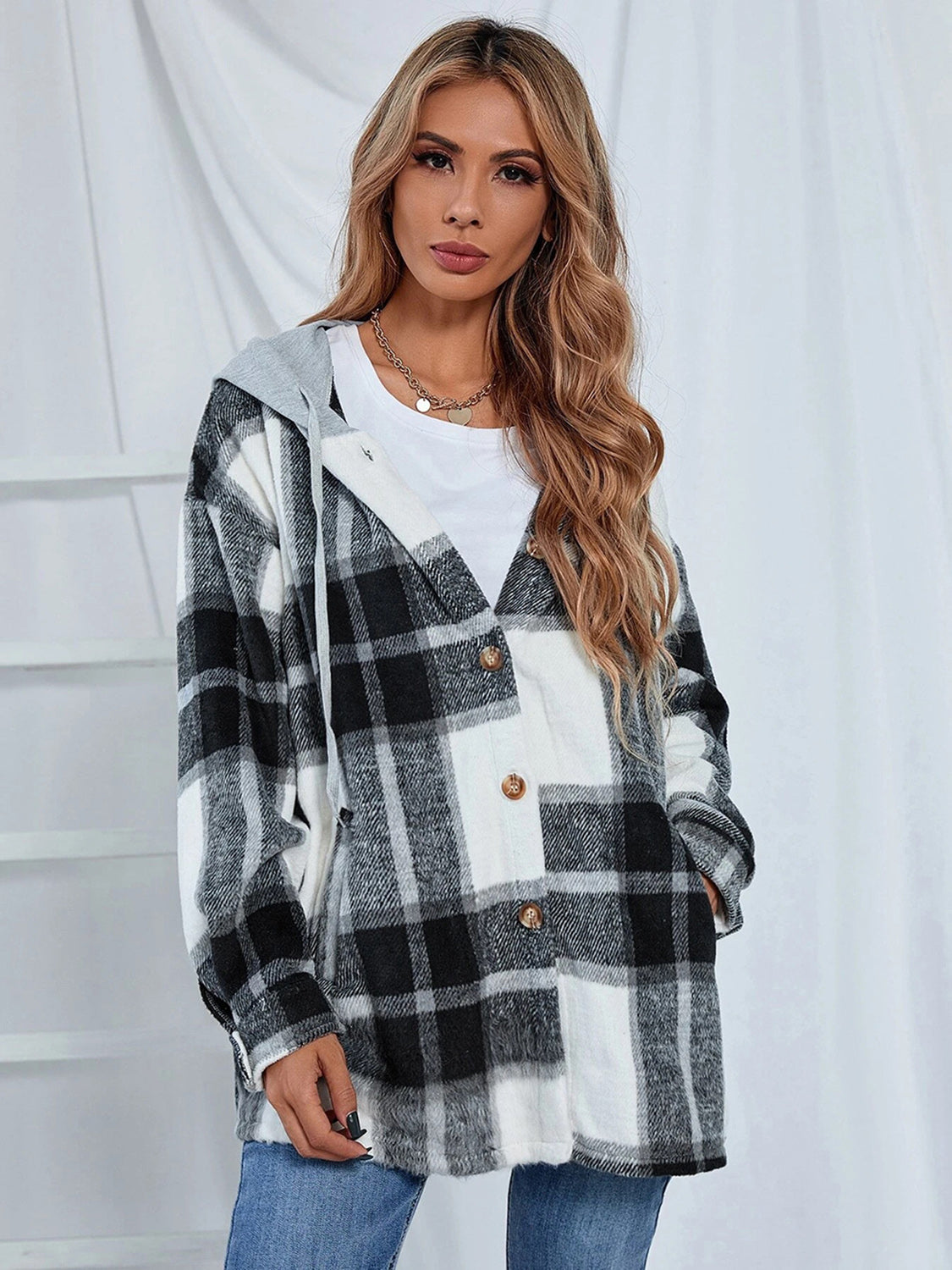 Plaid Hooded Jacket with Pockets-Angel Casuals