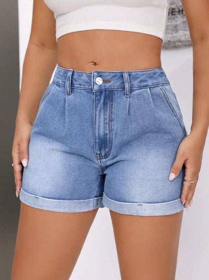 Rolled Hem Mid-Rise Waist Denim Shorts-Angel Casuals