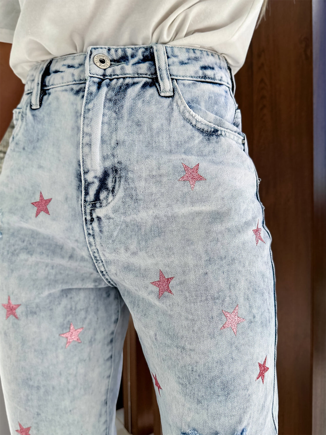 Distressed Star Straight Jeans with Pockets-Angel Casuals