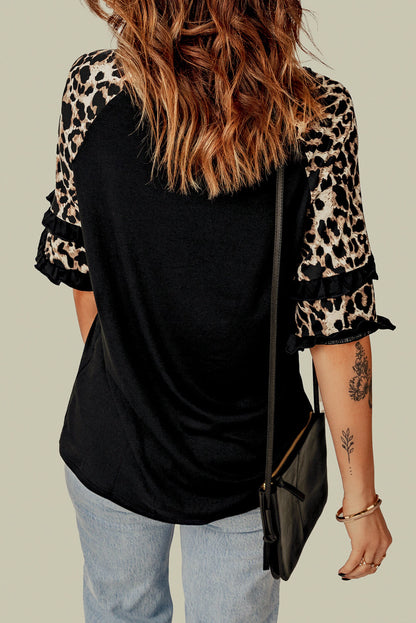 Leopard Contrast Ruffled Top-Angel Casuals