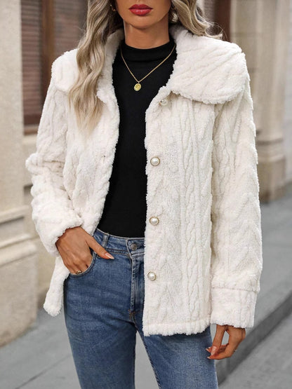 Fuzzy Texture Button Up Collared Neck Coat-Angel Casuals