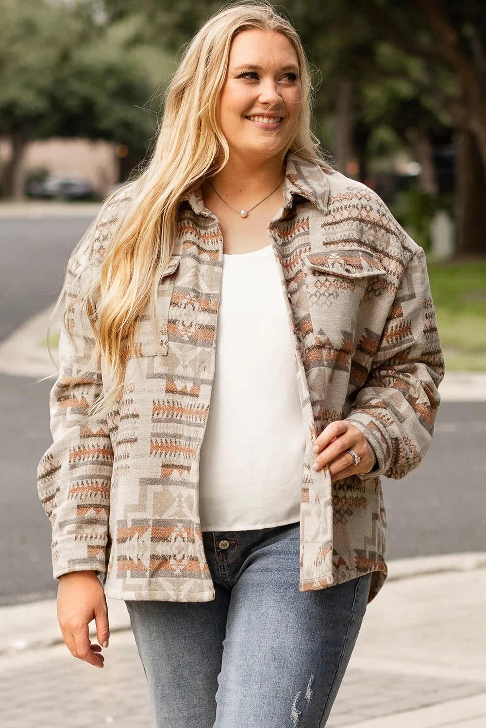 Plus Size Geometric Collared Neck Long Sleeve Jacket-Angel Casuals
