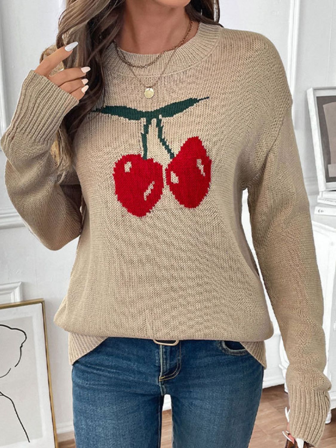 Perfee Cherry Round Neck Long Sleeve Sweater-Angel Casuals