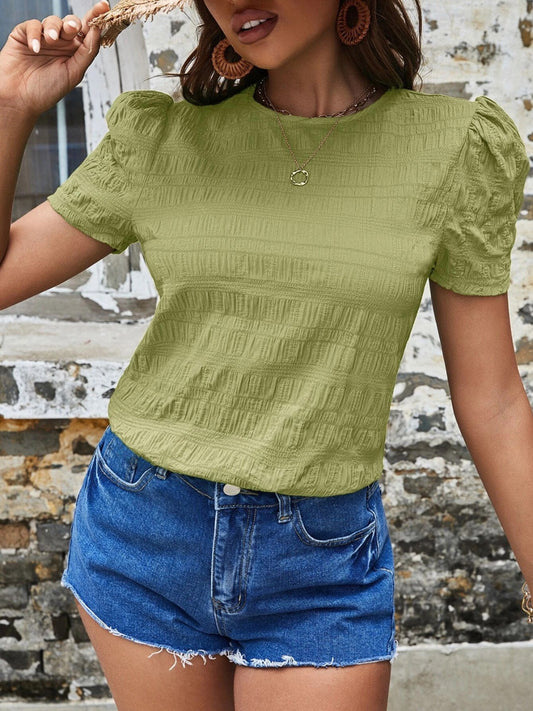 Ruched Round Neck Short Sleeve T-Shirt-Angel Casuals