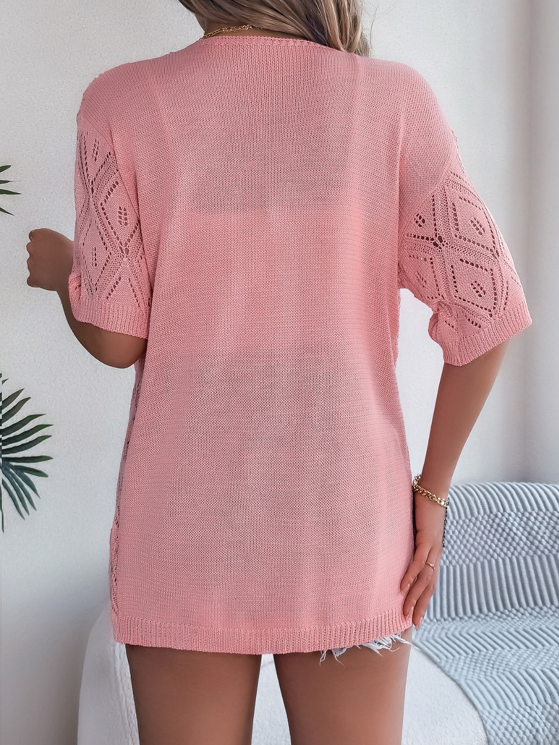 Openwork Open Front Half Sleeve Cardigan-Angel Casuals