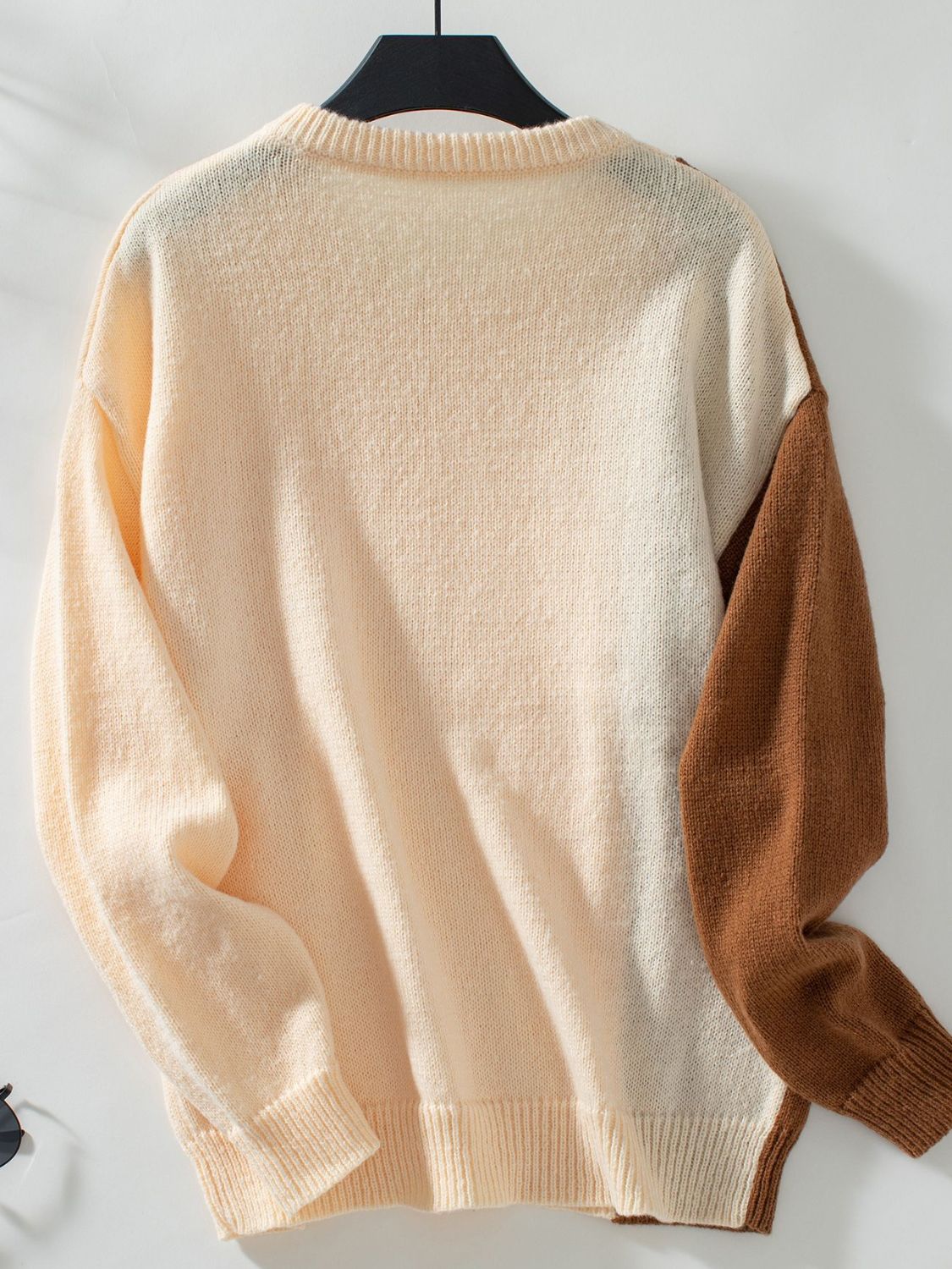 Two Tone Cable Knit Round Neck Long Sleeve Sweater-Angel Casuals