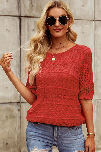 Openwork Round Neck Half Sleeve Knit Top-Angel Casuals