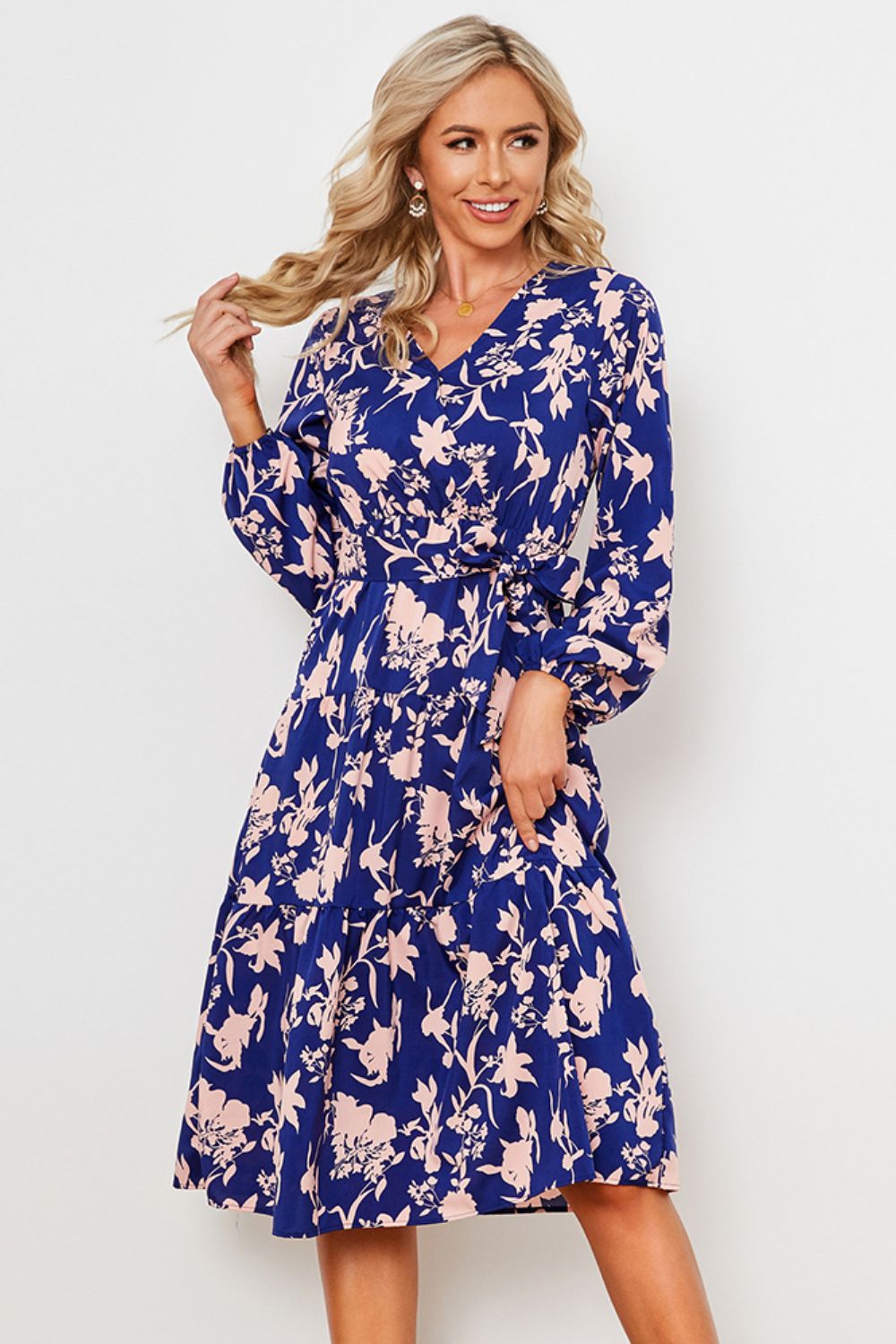 Floral Belted Tiered Midi Dress-Angel Casuals