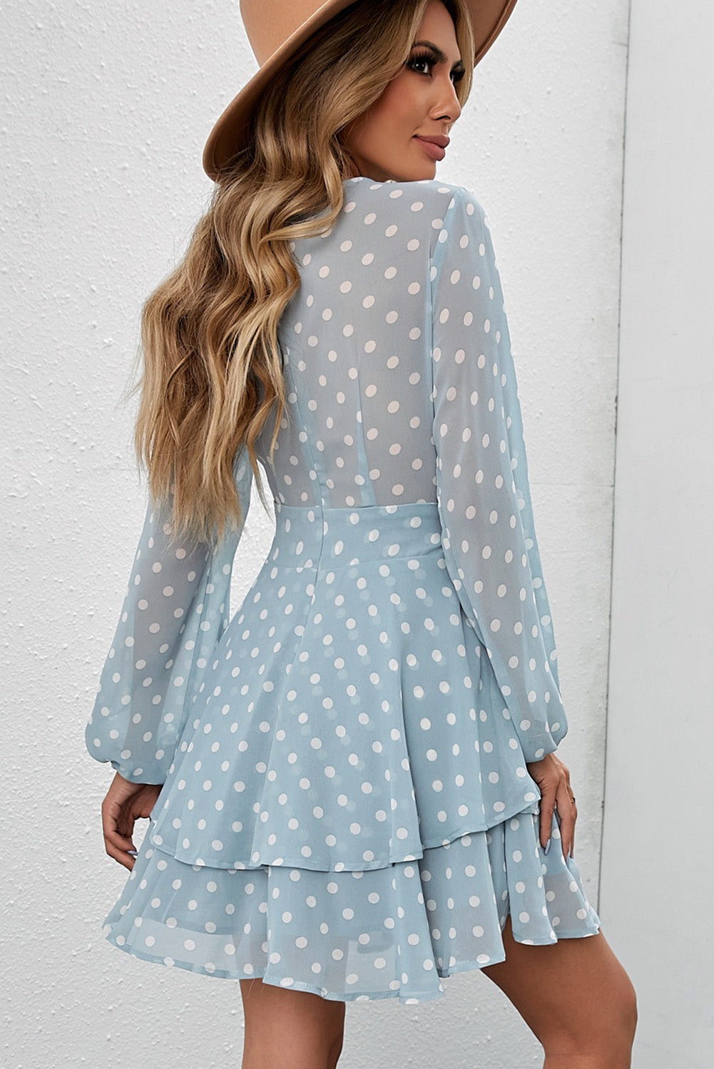 Tied Layered Polka Dot Balloon Sleeve Dress-Angel Casuals