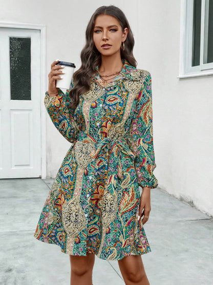 Printed Collared Neck Long Sleeve Dress-Angel Casuals