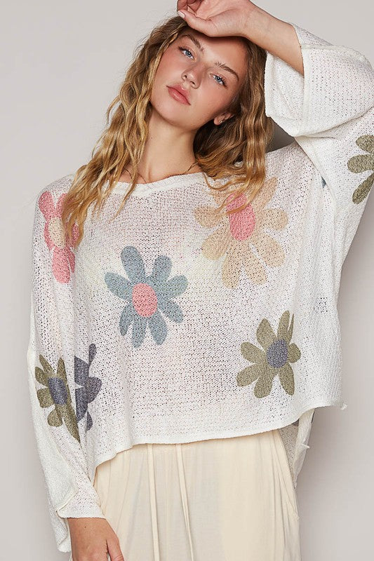 POL Flower Dropped Shoulder Long Sleeve Knit Top-Angel Casuals